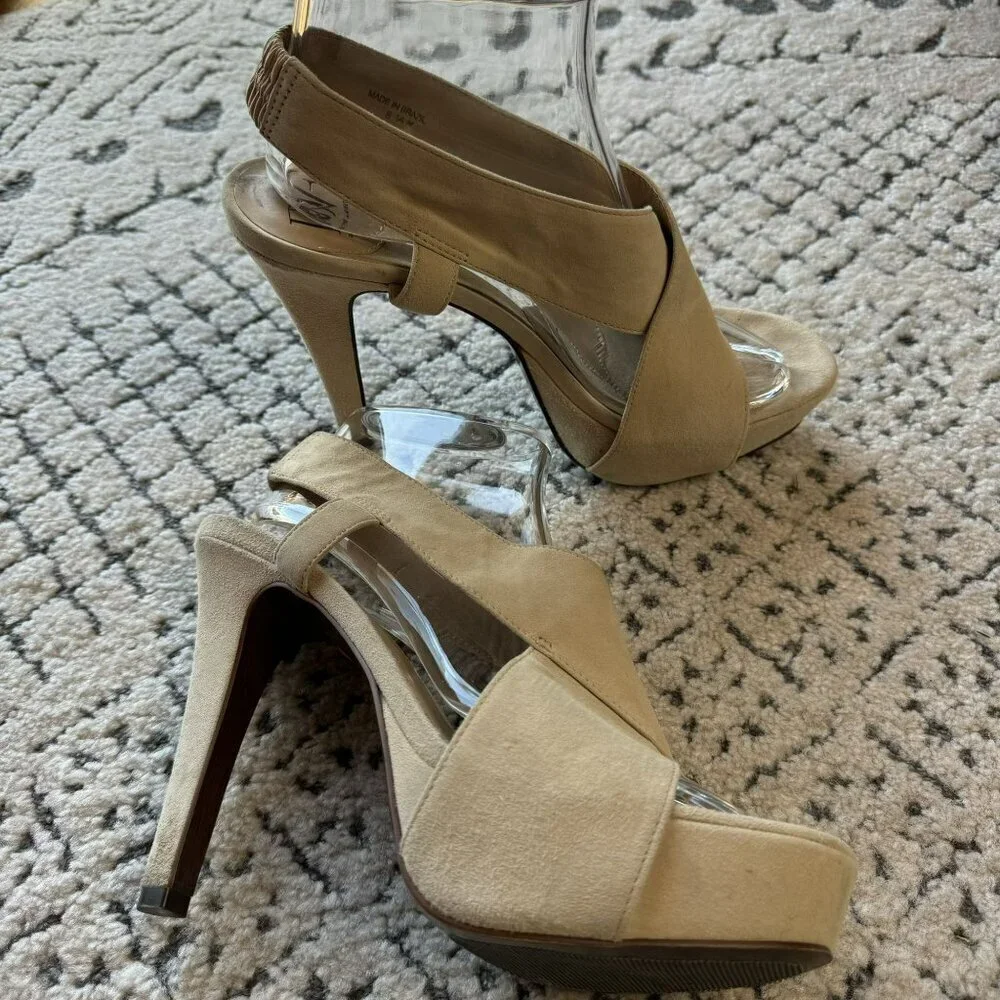 Diane Von Furstenberg Beige Suede Peep-Toe Heels 4.5